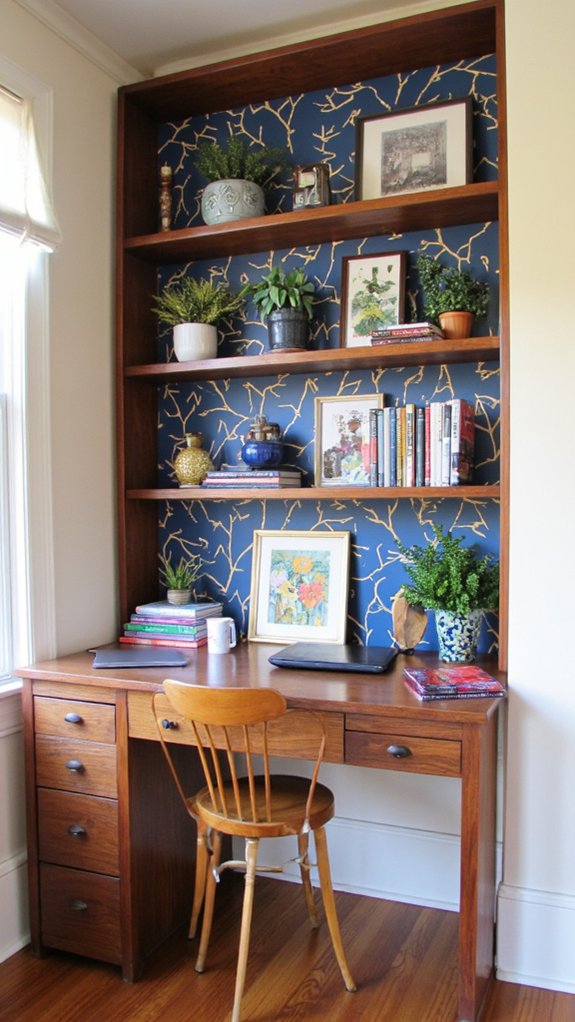 wallpapered shelves enhance aesthetics