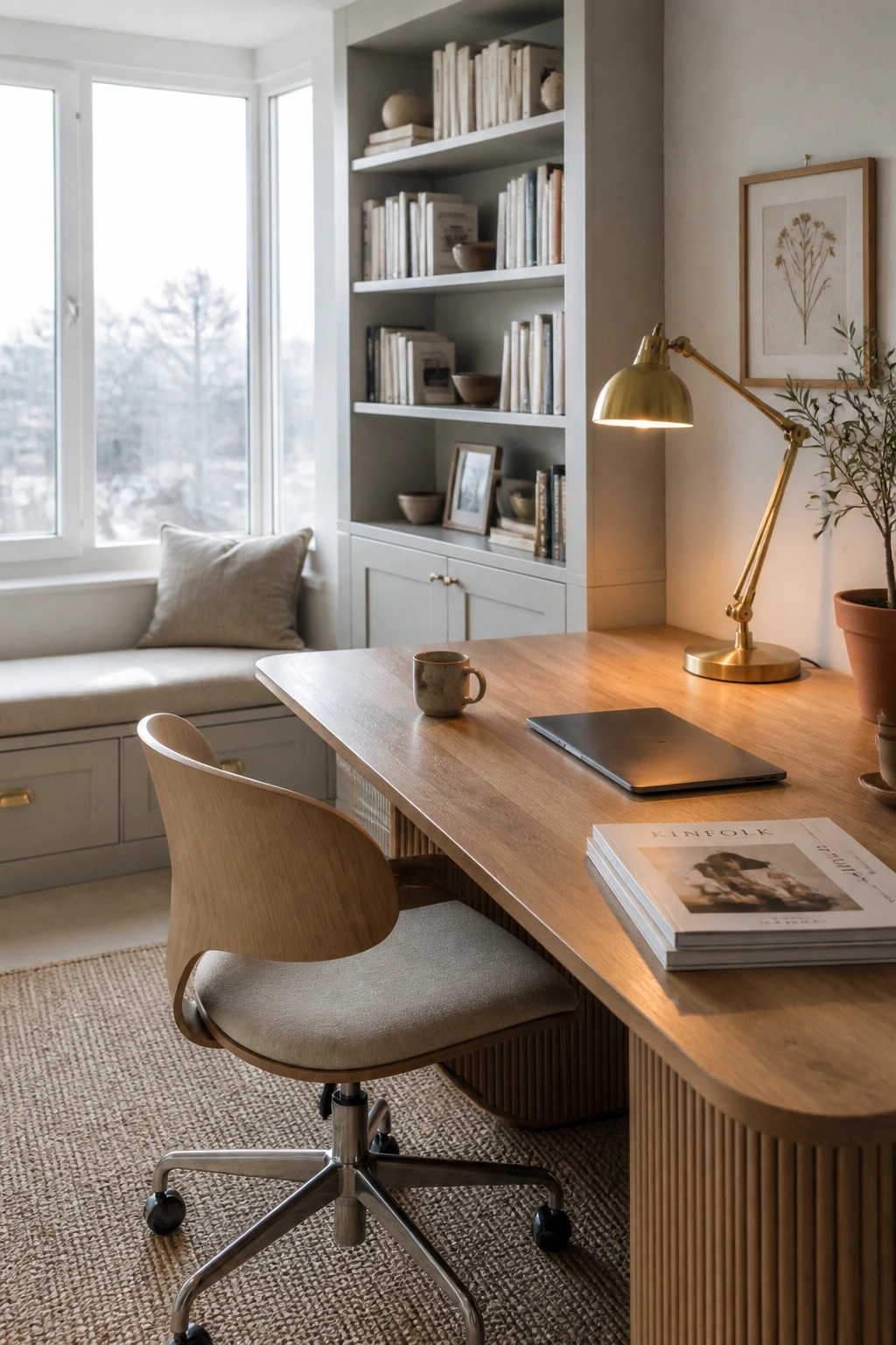 A home office with a wooden desk, modern swivel chair, built-in bookshelves filled with books, and a window seat with a cushion.