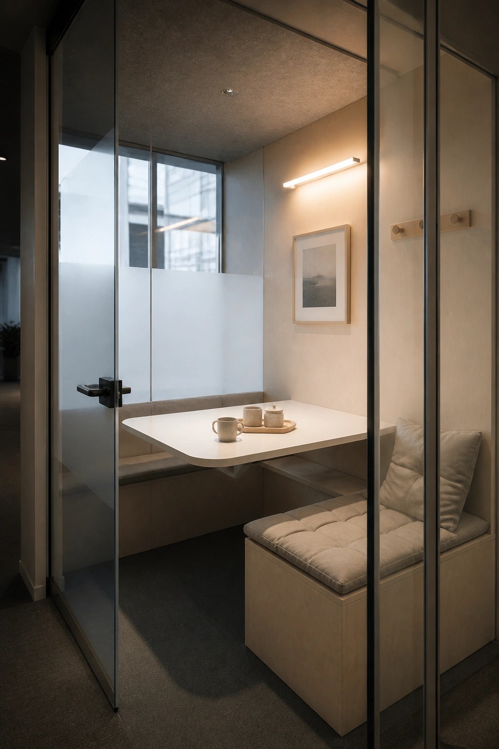 A small glass-enclosed office nook with built-in beige seating, a white attached table, and warm wall lighting.