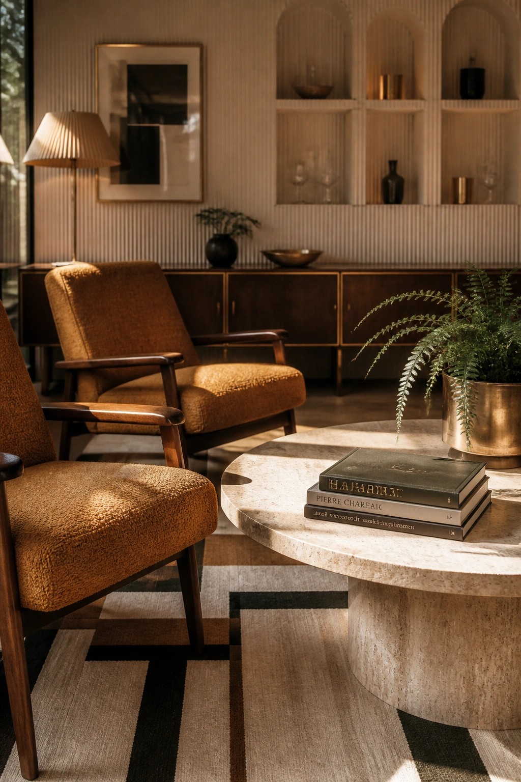 Two burnt orange textured armchairs sit around a round stone coffee table with stacked books and a potted fern in a modern room with built-in arched shelving.