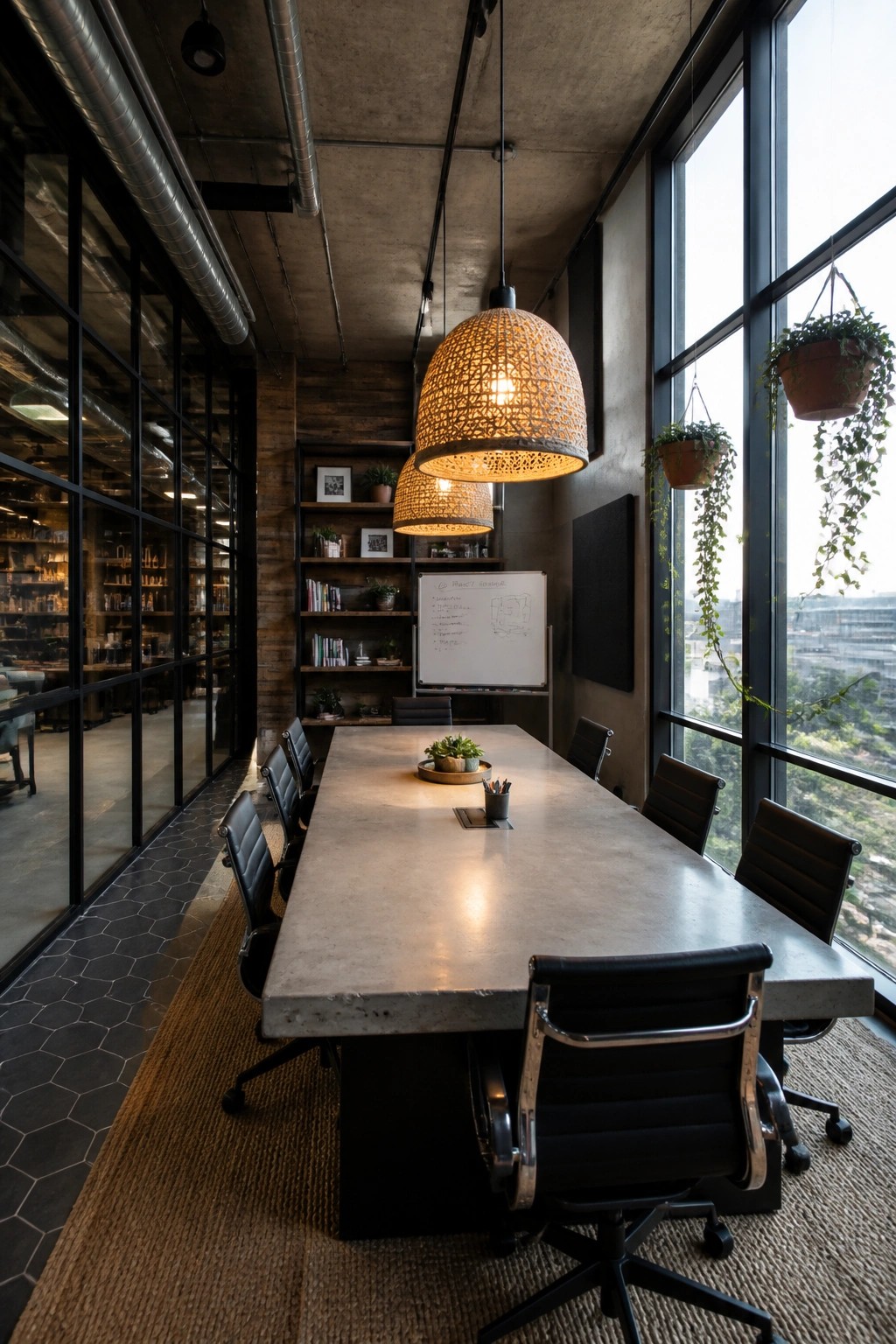 A long concrete conference table with black leather chairs sits in a modern office with woven pendant lights, a whiteboard, and large windows.