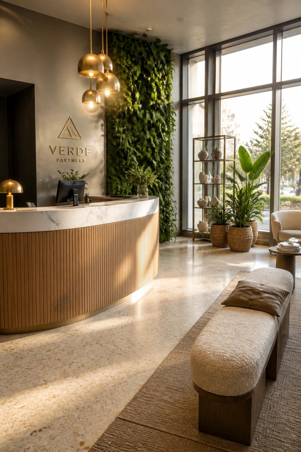 A modern office reception desk with wood paneling and marble top sits in front of a large vertical green wall, with pendant lights above and large windows to the right.