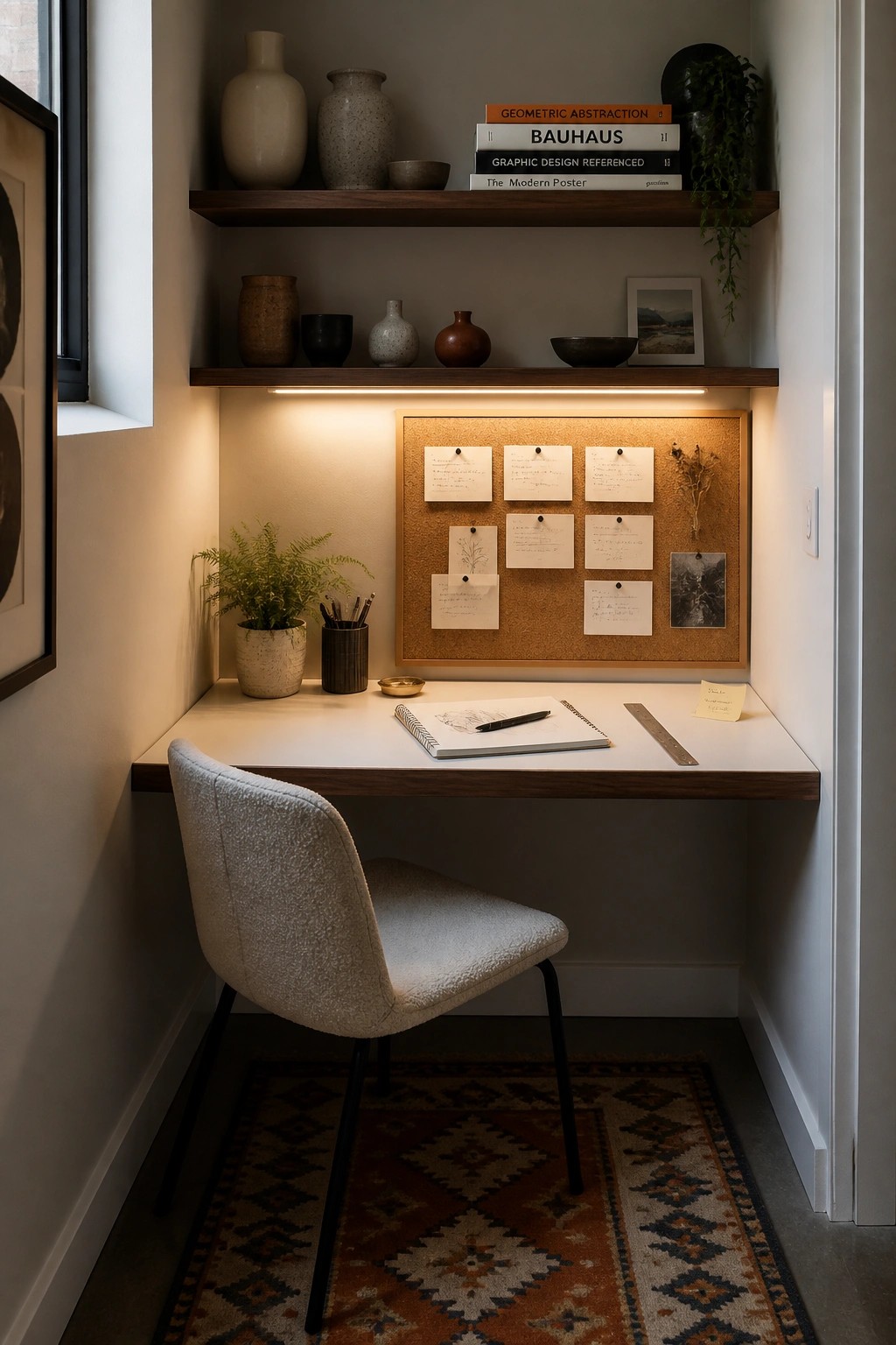 A compact built-in desk with a corkboard above it holding pinned papers, a potted plant and pencil holder on the desk, and floating shelves with vases and books overhead.