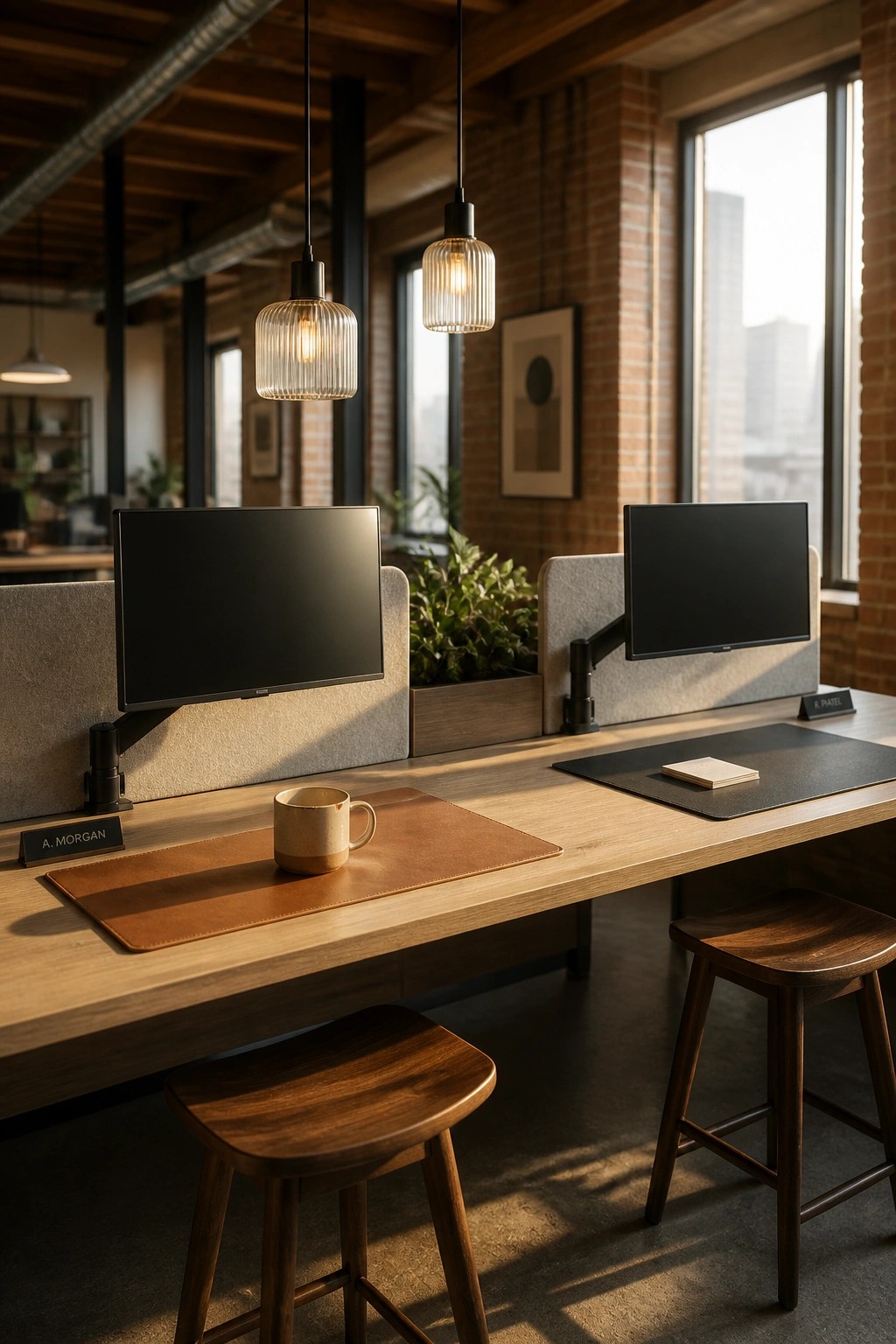 Modern office desks with monitors, leather mats, stools, and pendant lights in brick loft.