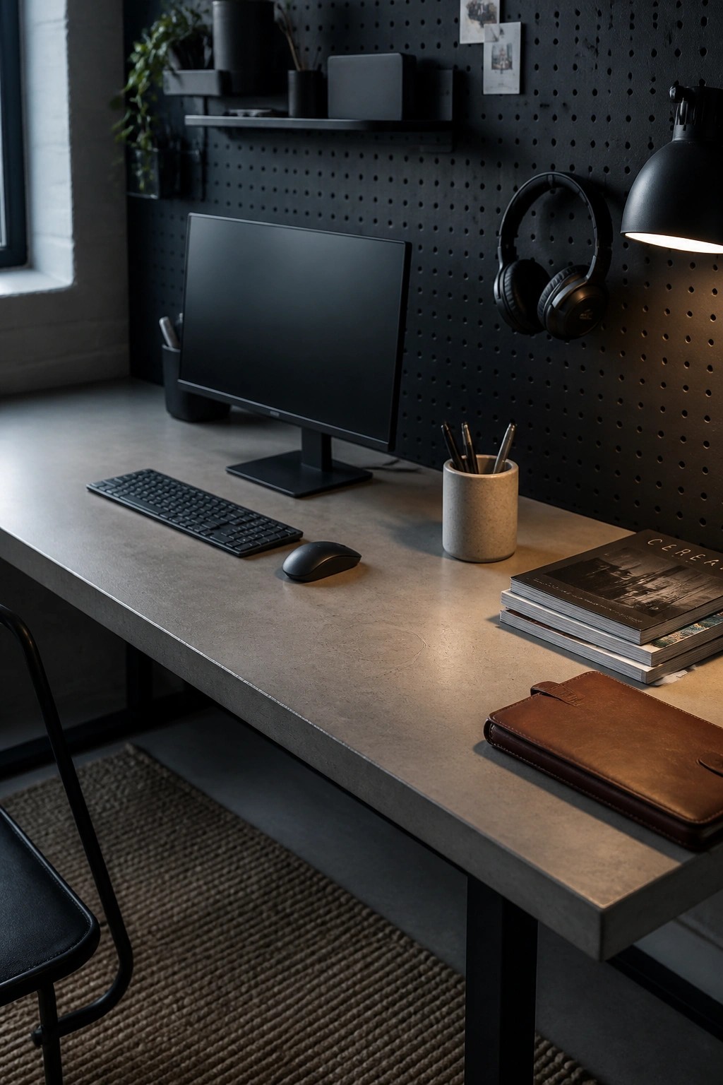 A minimalist home office desk with a gray concrete top, black monitor, keyboard, mouse, and a black pegboard wall holding headphones and office supplies.