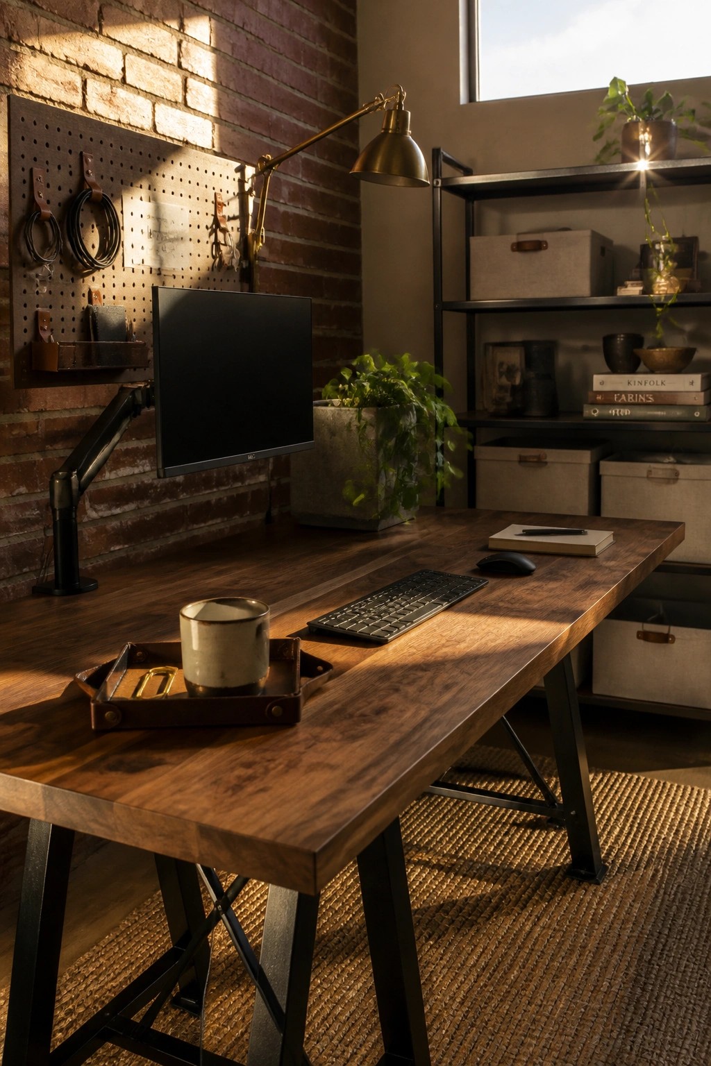 A wooden office desk with a computer monitor mounted on a black arm, a wireless keyboard and mouse, a ceramic mug on a leather tray, and a brass task lamp, set against a brick wall with a pegboard and metal shelving.