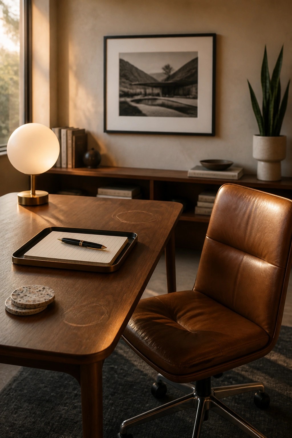 A wooden desk with a brown leather office chair, a metal tray holding a lined notebook and pen, a spherical table lamp, and stone coasters on the desk surface.