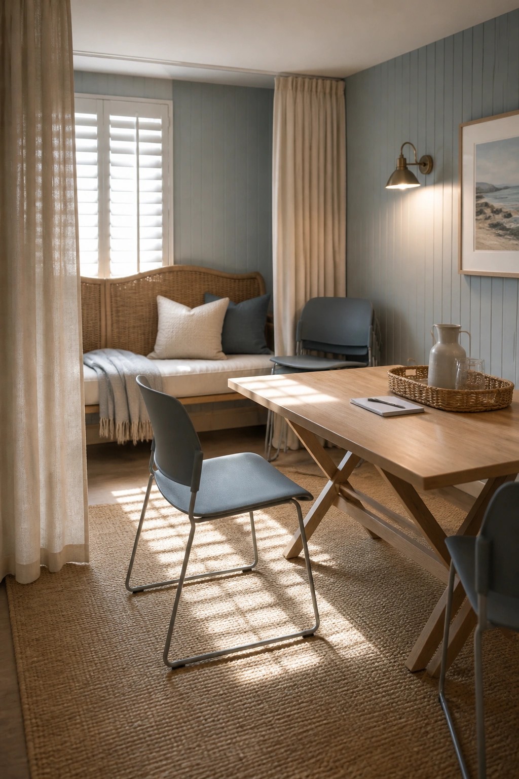 A home office with a wooden table, blue chairs, and a wicker daybed against a light blue wall with a window.