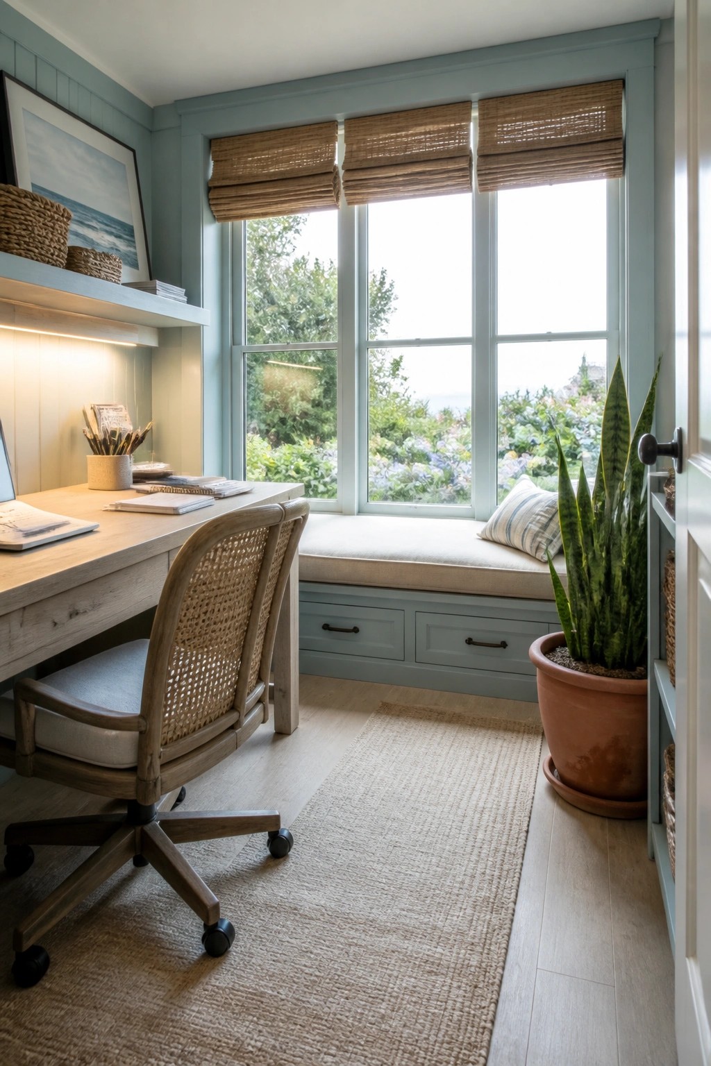 A small home office featuring a light wood desk with a woven chair, a built-in window seat with storage drawers, and three windows with woven shades overlooking greenery.