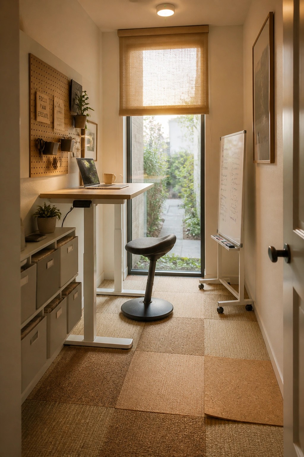 Narrow home office with standing desk, stool, pegboard, whiteboard, and woven rug.
