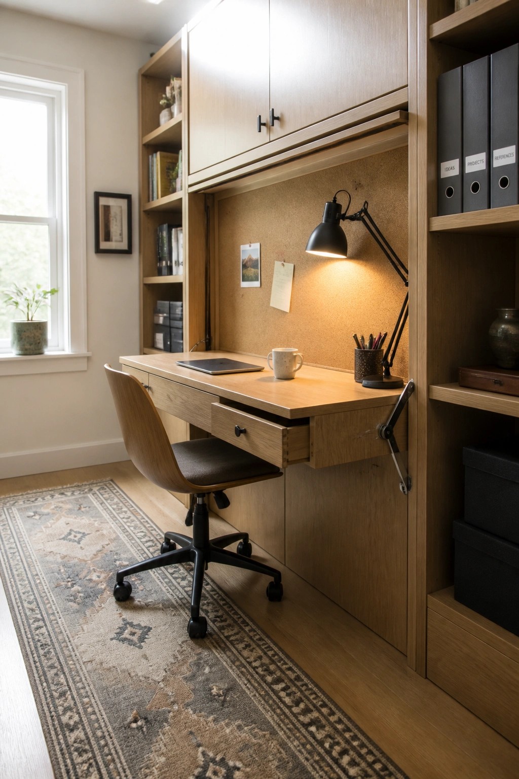 Small home office featuring a wooden built-in desk with an open drawer, fold-down extension on the right, black desk lamp, and rolling chair on a patterned rug.