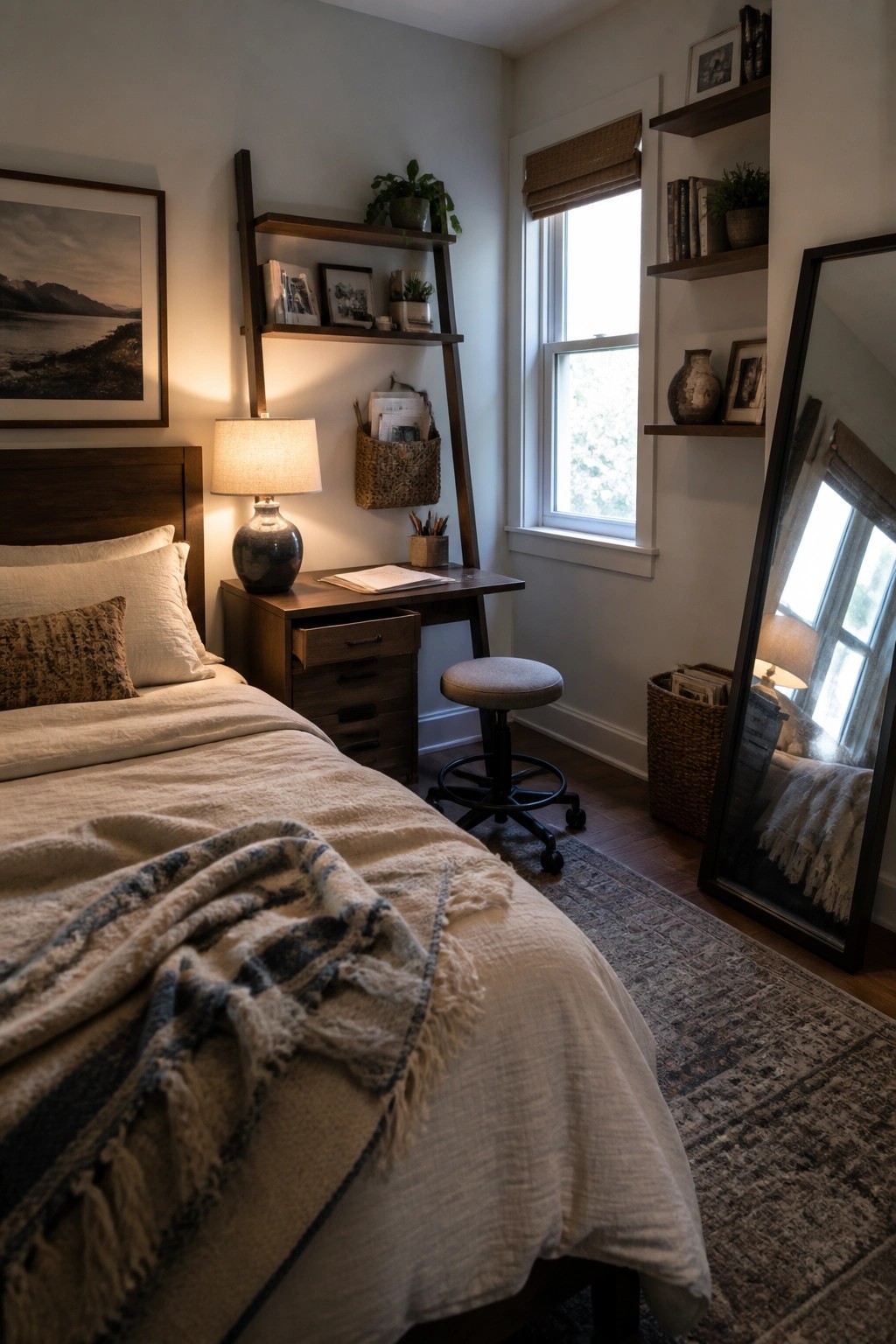 A small wooden desk with a leaning shelf unit above it sits in the corner of a bedroom next to a window, with a rolling stool underneath and a lamp on the desk.