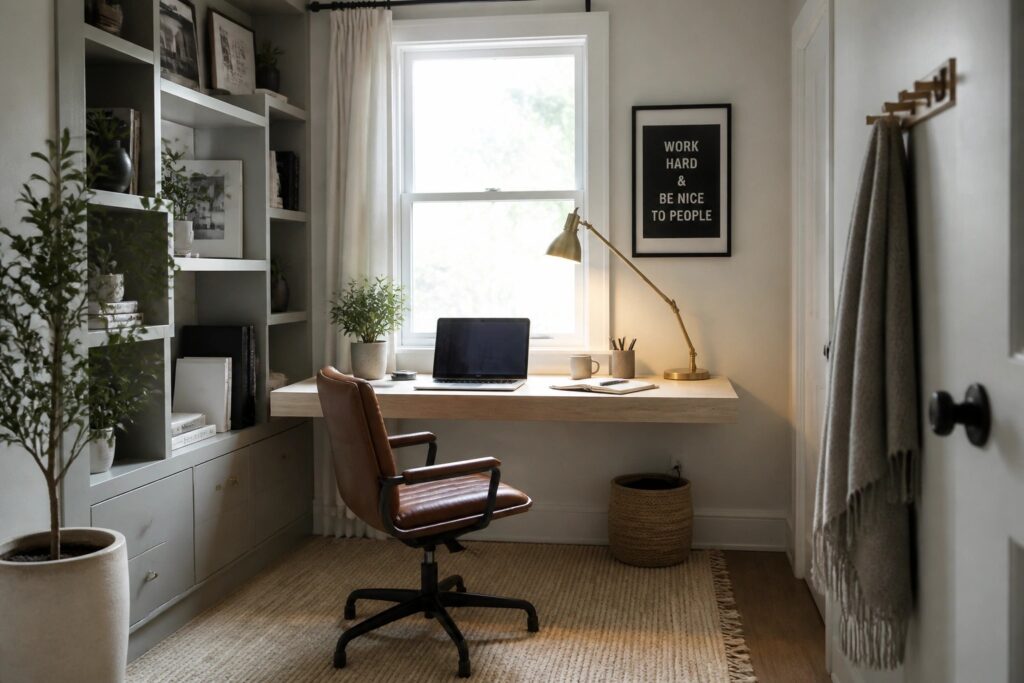 Minimalist home office with wooden desk, brown leather chair, laptop, and white shelves