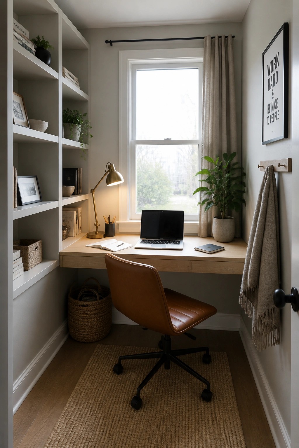Minimalist home office with wooden desk, brown leather chair, laptop, and white shelves
