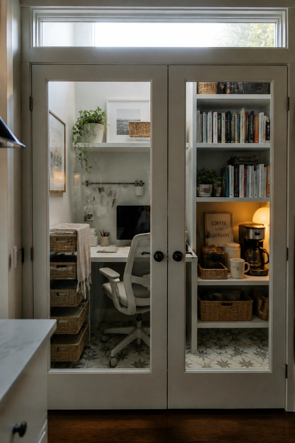Small office space with desk, chair, and shelving visible through white double glass doors.