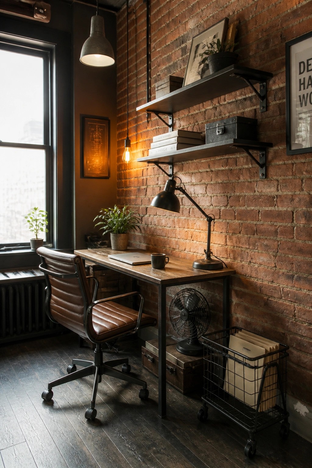 A compact home office with a wooden desk against a red brick wall, brown leather office chair, wall-mounted metal shelves holding books and boxes, and a black wire rolling cart with files.