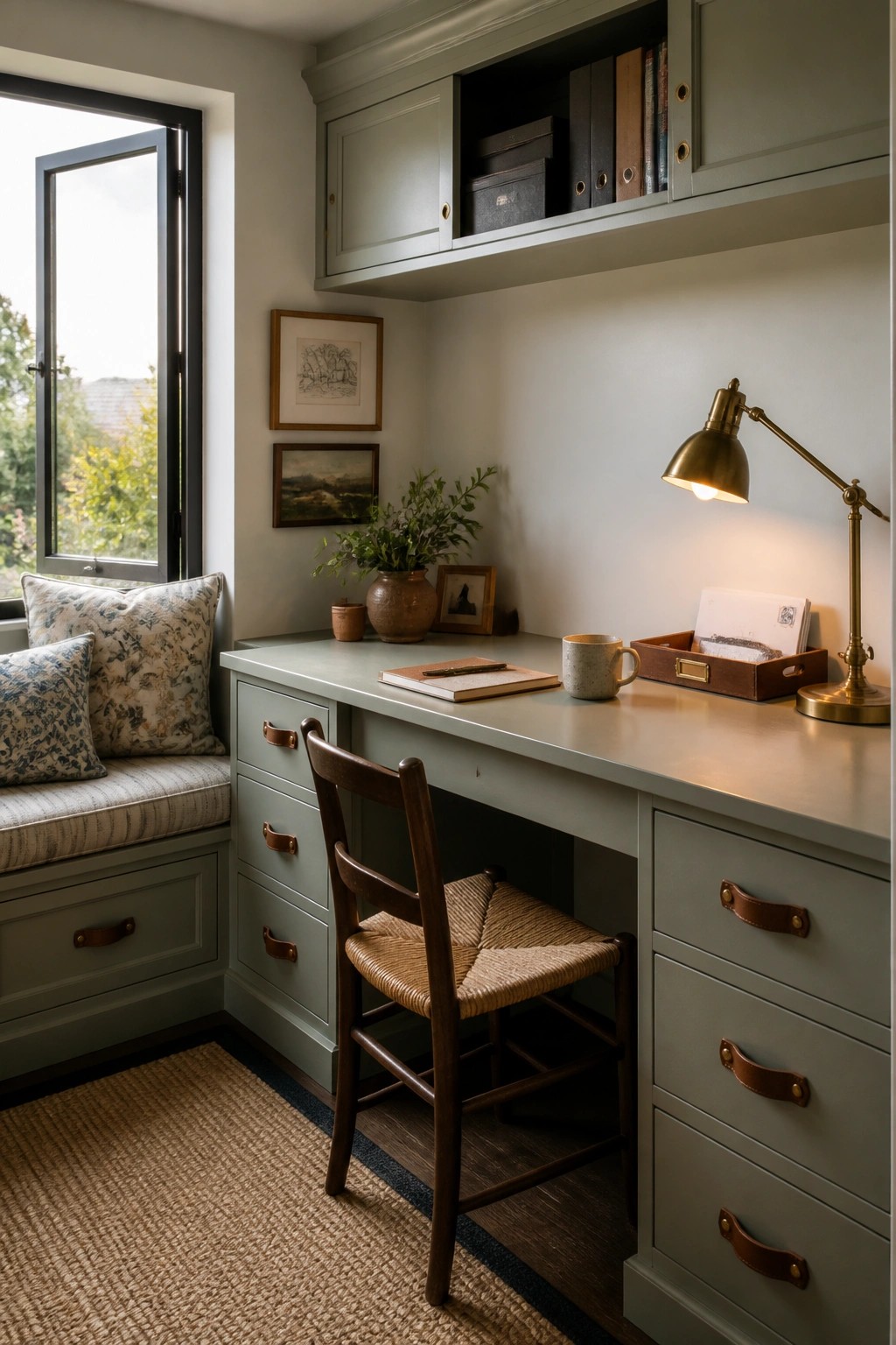 Cozy sage green built-in desk with woven chair, brass lamp, and window seat.