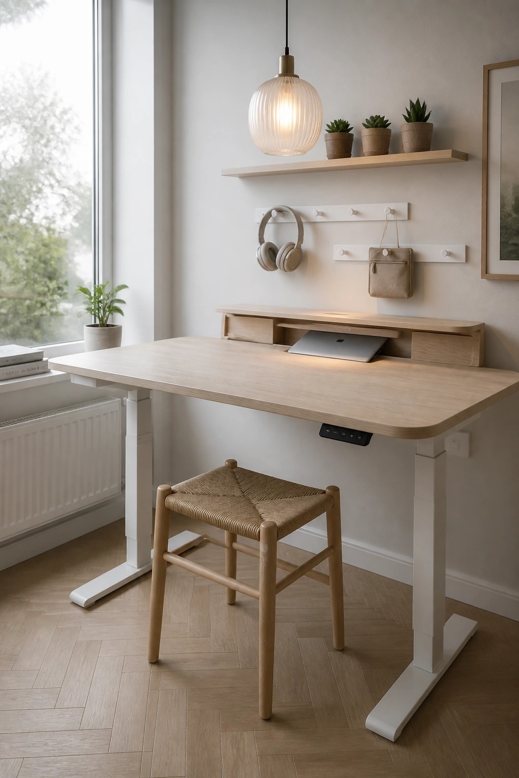 A light wood standing desk with an open built-in compartment holding a laptop, a woven stool underneath, and wall hooks with headphones nearby.