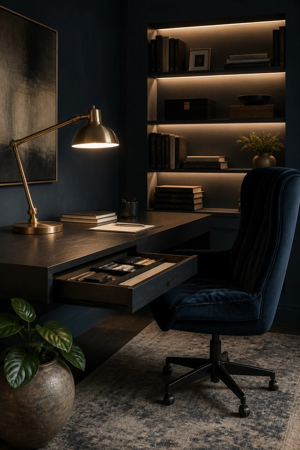 A dark wooden desk with an open drawer showing organized compartments, a blue velvet office chair, and lit built-in bookshelves behind it.