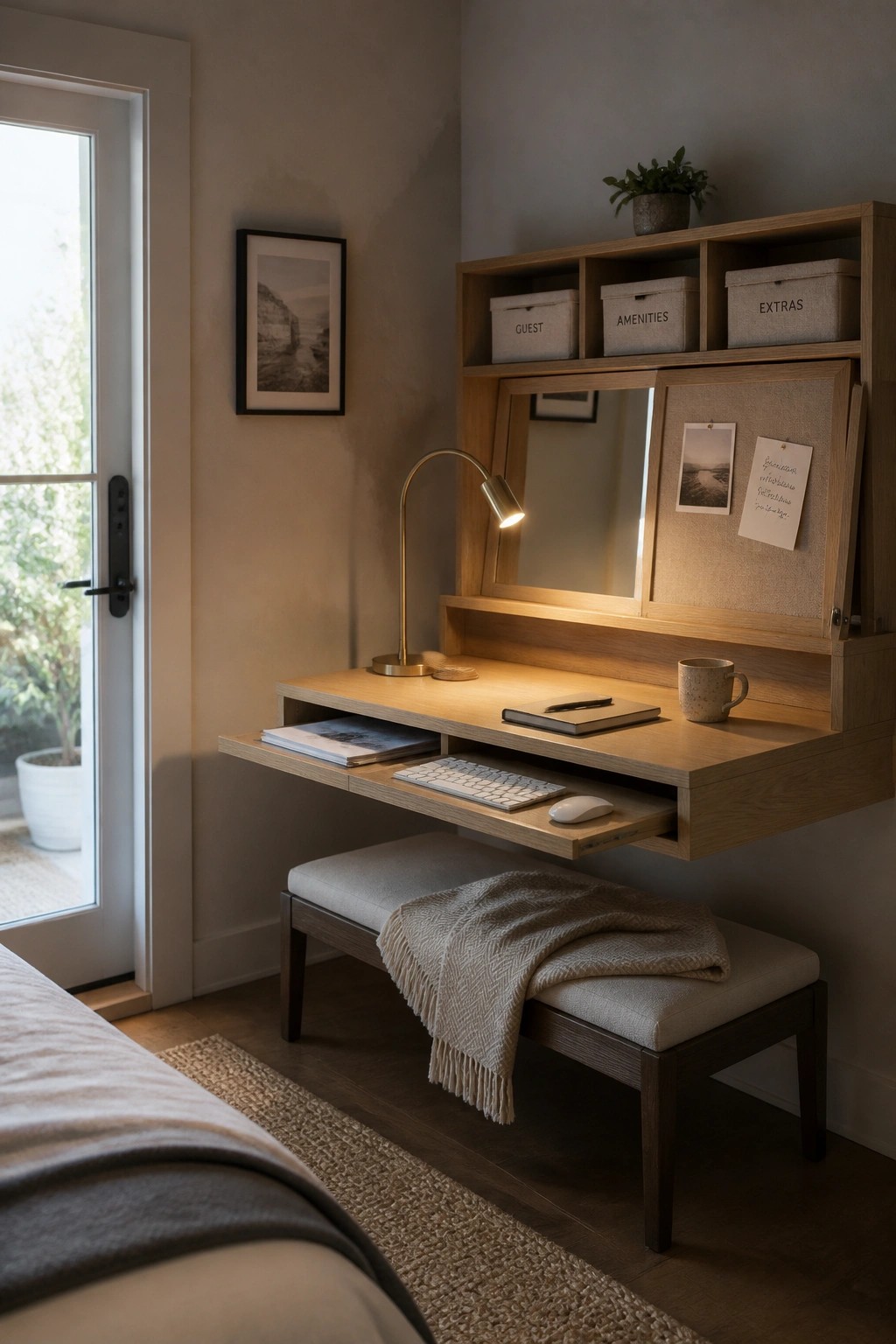 A wooden wall-mounted desk with a fold-down front, open to show a keyboard, mouse, lamp, and mug, with a bench below and storage bins above.