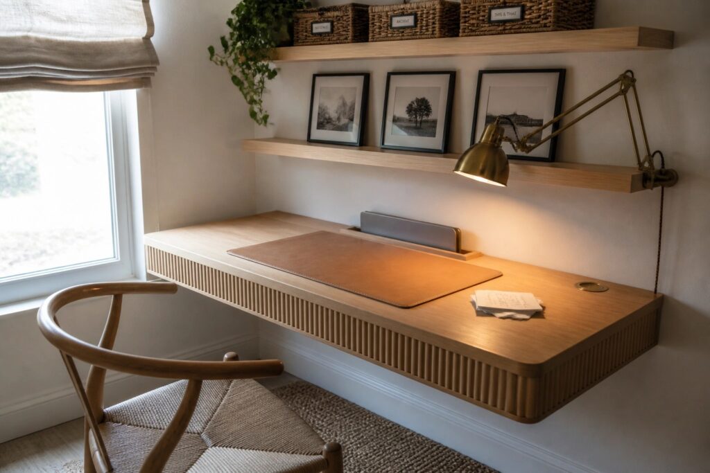 A light wood floating desk with a brown leather desk pad mounted below floating shelves, with a brass wall lamp, a closed laptop, and a wooden office chair in front of a window.