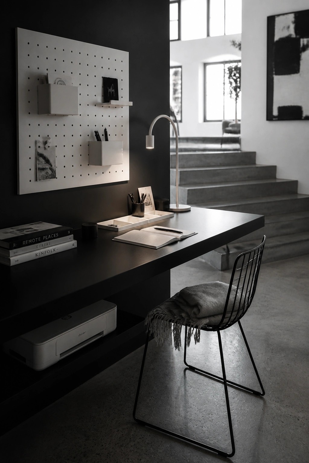 A modern home office desk with a white pegboard mounted on the dark wall above it, a black desk lamp, and an open notebook on the desk surface.