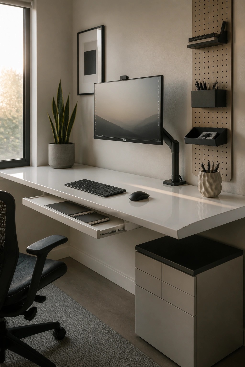 Modern white desk with mounted monitor, black chair, keyboard, mouse, plant and pegboard storage.