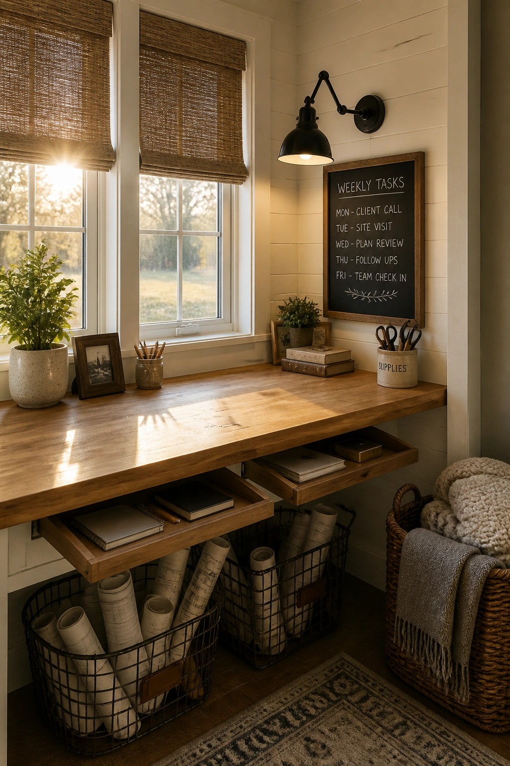 A wooden desk with open drawers and wire baskets below holding rolled documents, positioned under two windows with a chalkboard on the wall to the right.