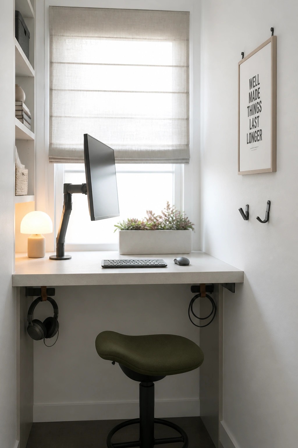 A compact home office with a floating desk holding a computer monitor and keyboard, placed in front of a window with a roller blind, and a stool underneath.