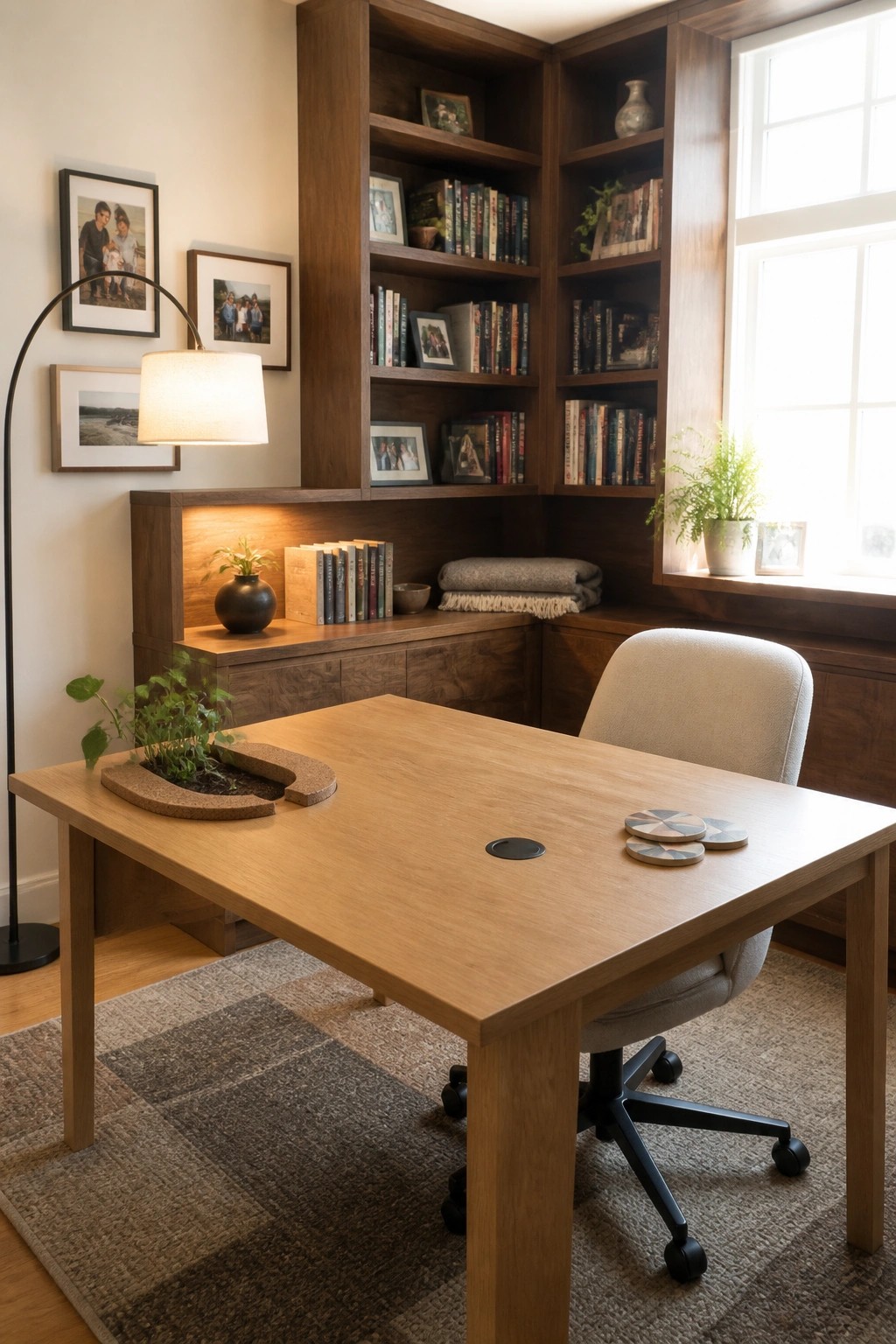 A light wood desk with an office chair sits on a patterned rug in front of dark wood built-in bookshelves filled with books, framed photos, and small plants, with a window to the right.