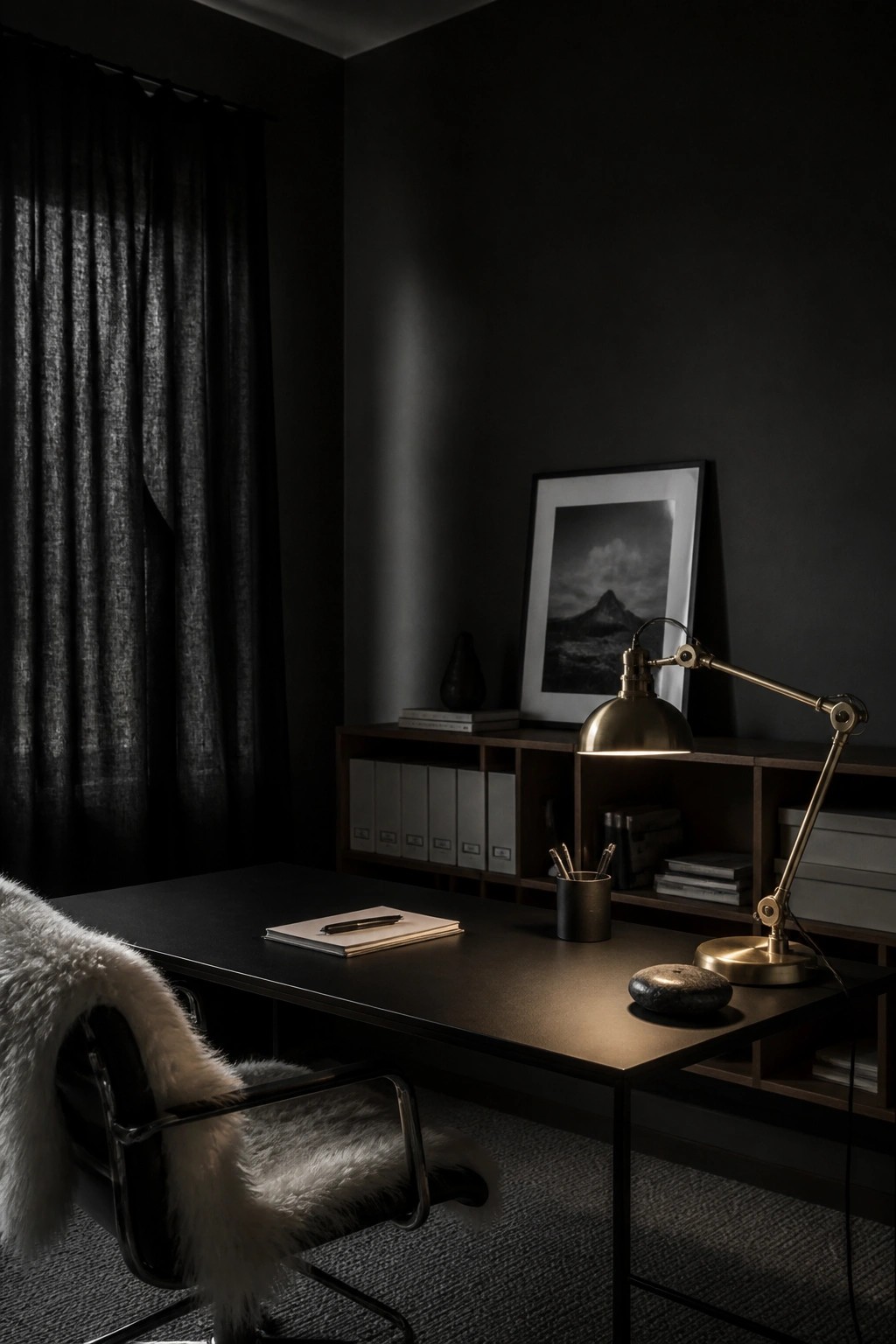 A home office with black walls, a dark wood desk, brass desk lamp, and a black office chair draped with a light fur throw.