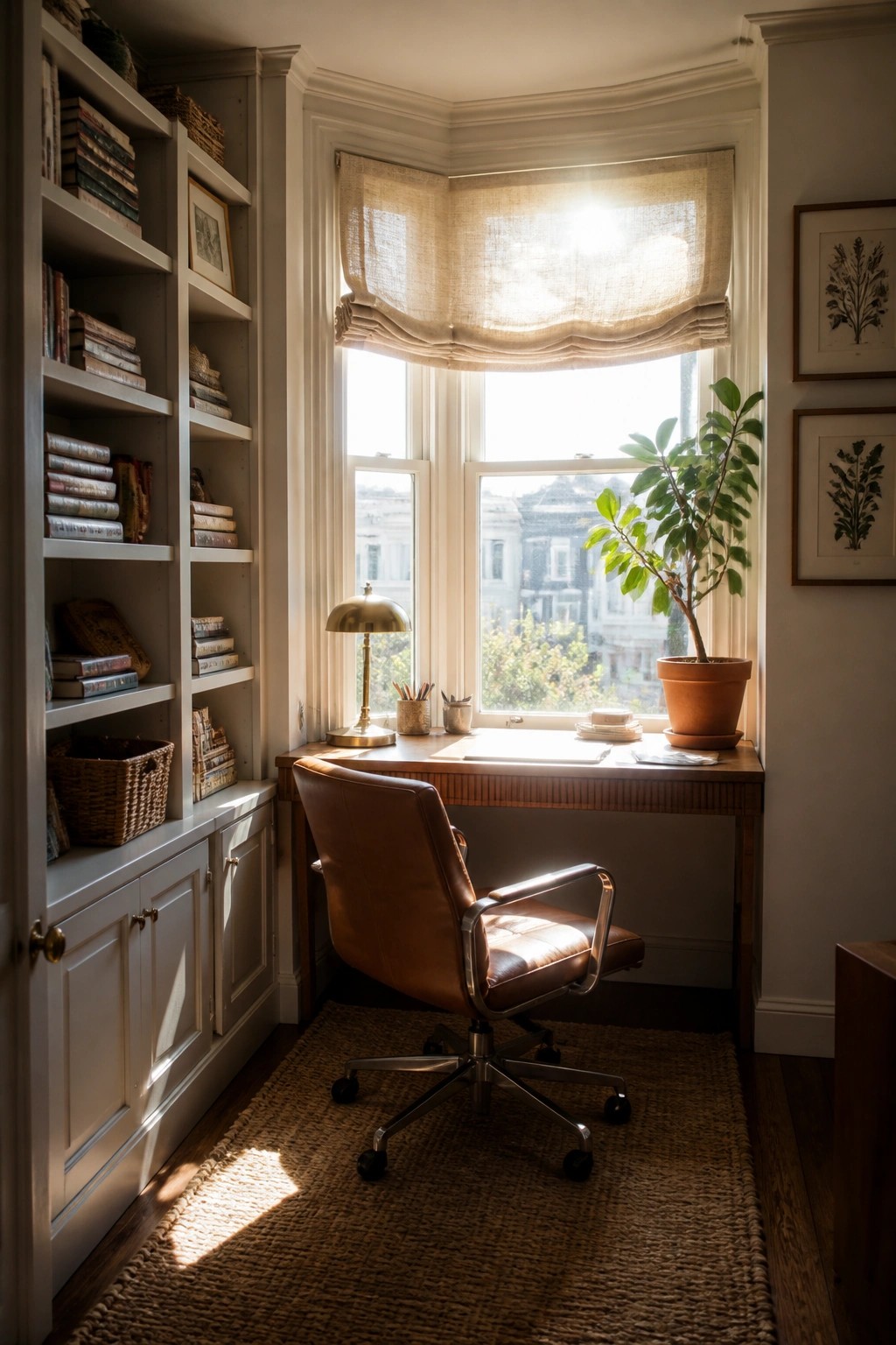 A home office with a wooden desk set inside a bay window, a brown leather office chair on a woven rug, and white built-in bookshelves filled with books along the left wall.