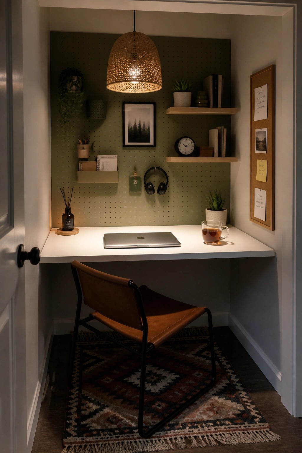A compact home office nook with a white desk, laptop, brown leather chair on a patterned rug, and green pegboard wall under a woven pendant light.