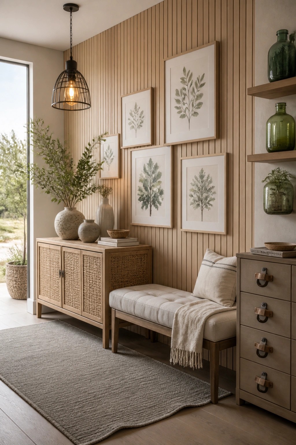 A long upholstered bench with a throw blanket sits against a vertical wood-paneled wall under framed botanical prints, next to a wooden console with woven doors and a chest of drawers.