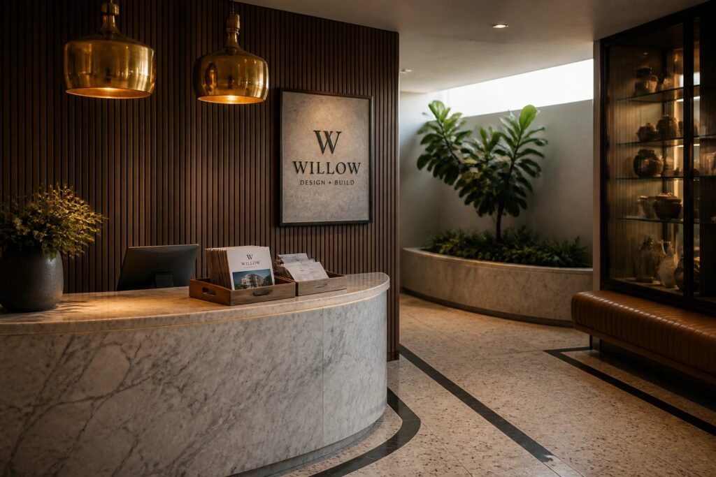 Modern marble reception desk with brass pendant lights and brown leather benches in sleek lobby