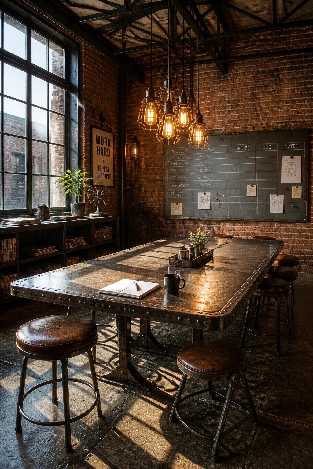 A large metal table with brown leather stools sits in a brick-walled room beneath hanging industrial lights, with a chalkboard and window visible in the background.