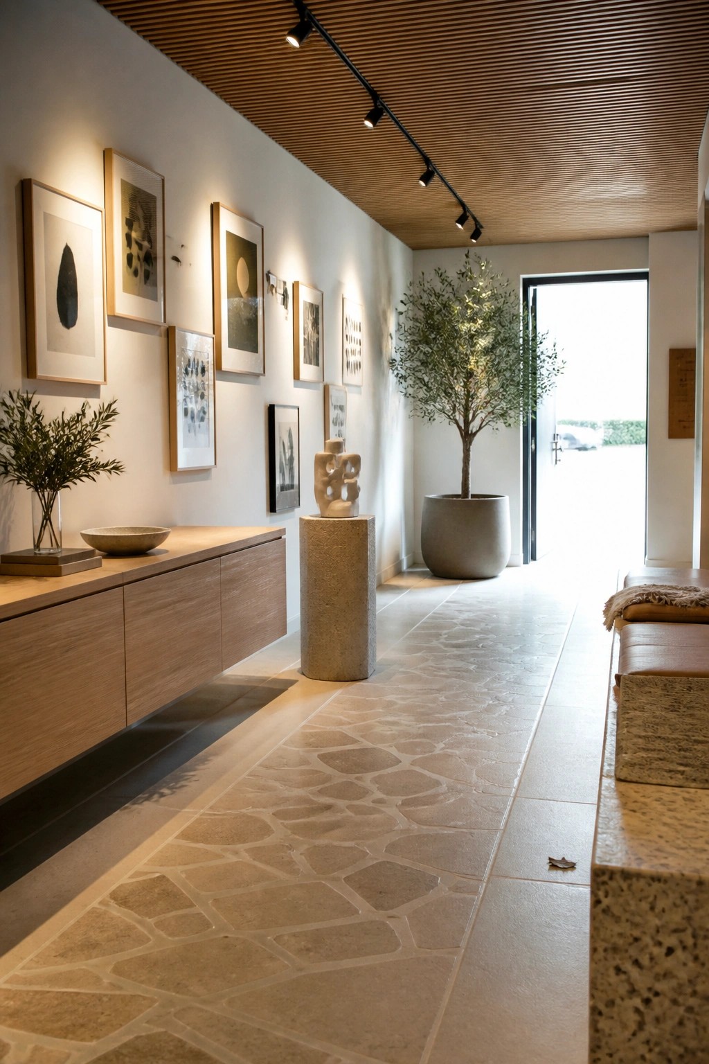 Interior view of a modern office reception hallway with a long wooden console table holding a bowl and vase, framed artwork on the wall above, a stone pedestal sculpture, a large potted tree, and stone tile flooring leading to an open door.