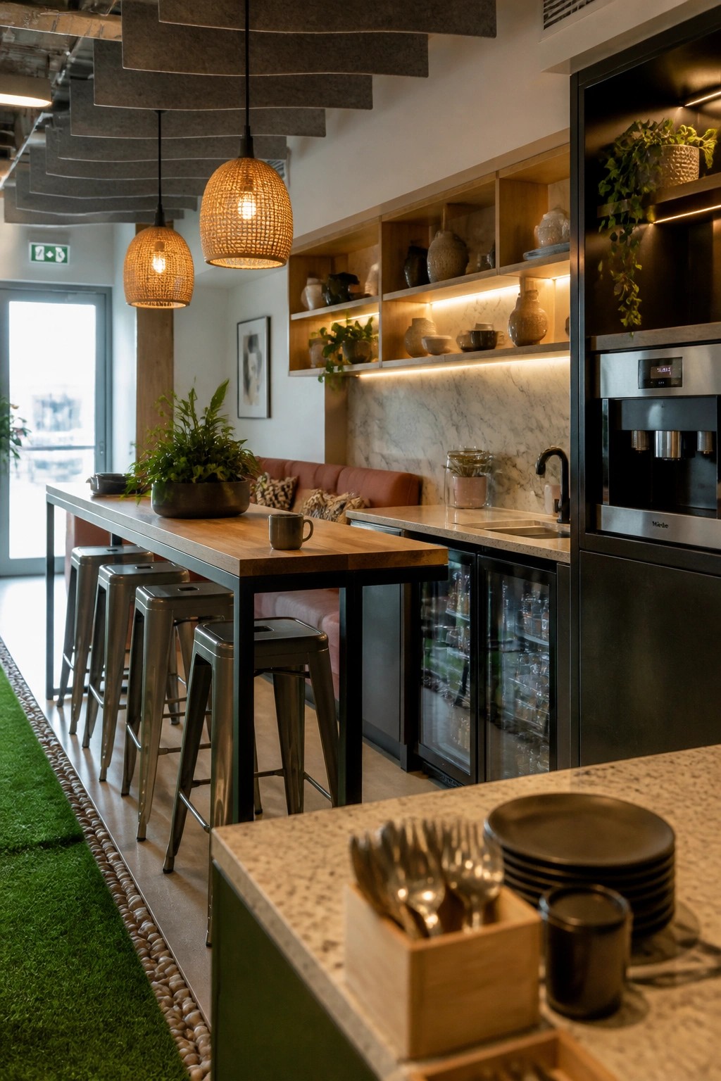 A modern office interior with a long wooden table, metal stools, open shelving, a pink sofa, and a built-in kitchen area with appliances.