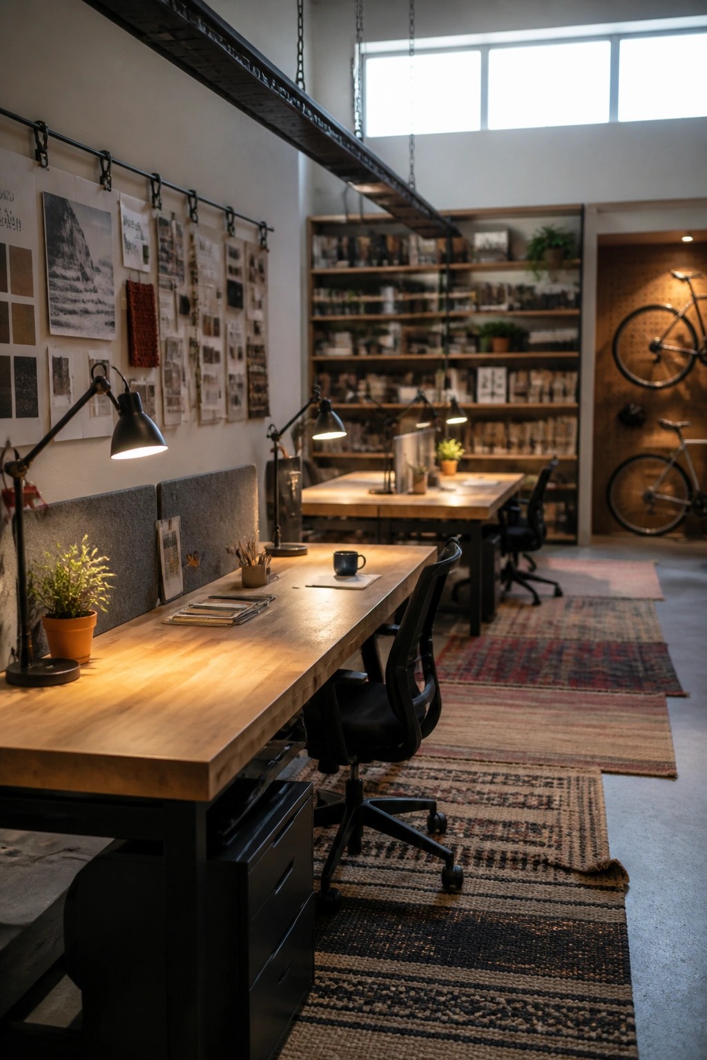 A modern office space with long wooden desks, black ergonomic chairs, individual task lamps, and a wall covered in pinned papers and images.
