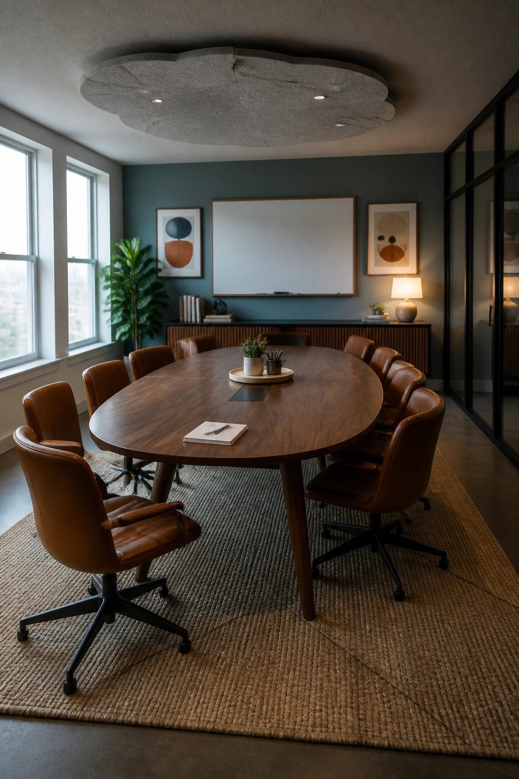 A conference room featuring a large oval wooden table with brown leather swivel chairs arranged around it on a woven rug, beneath a sculptural cloud-shaped ceiling panel.