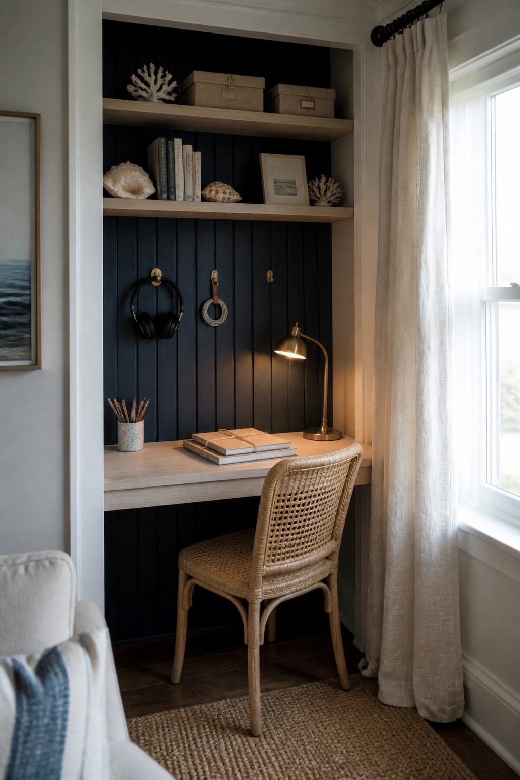 A light wood built-in desk sits inside a dark blue paneled alcove with two open shelves above, a woven chair pulled up to the desk, and a small brass lamp on the surface.
