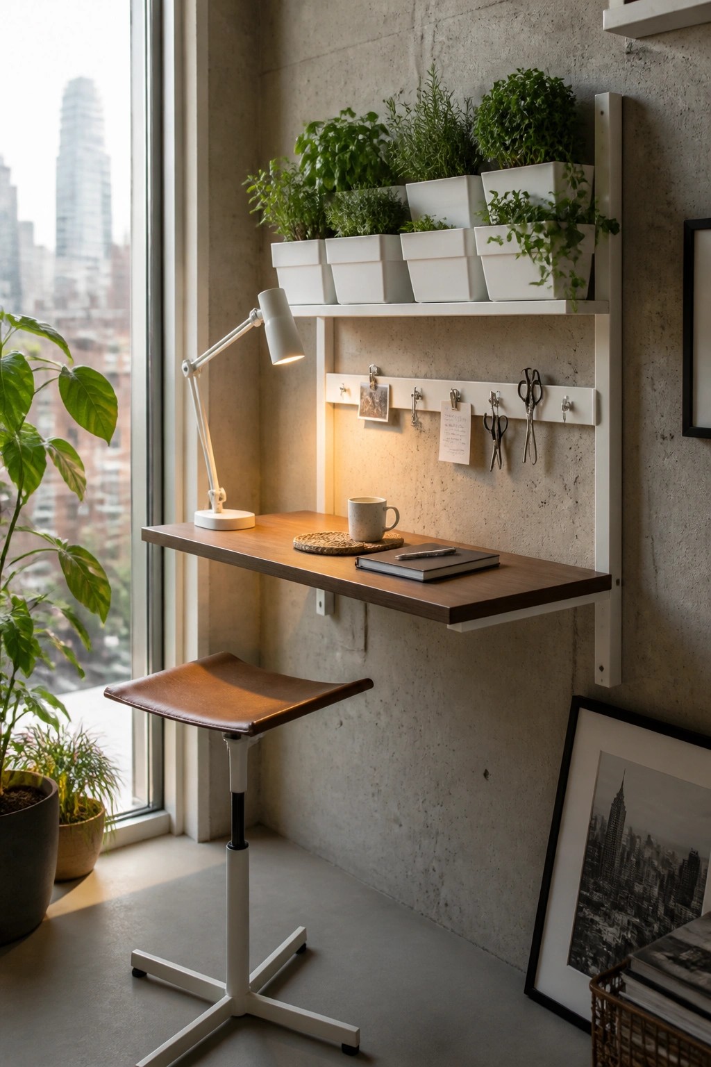 A wall-mounted wooden desk with a white shelf above holding several potted plants, a lit white lamp on the desk, and a brown stool positioned in front near a window.