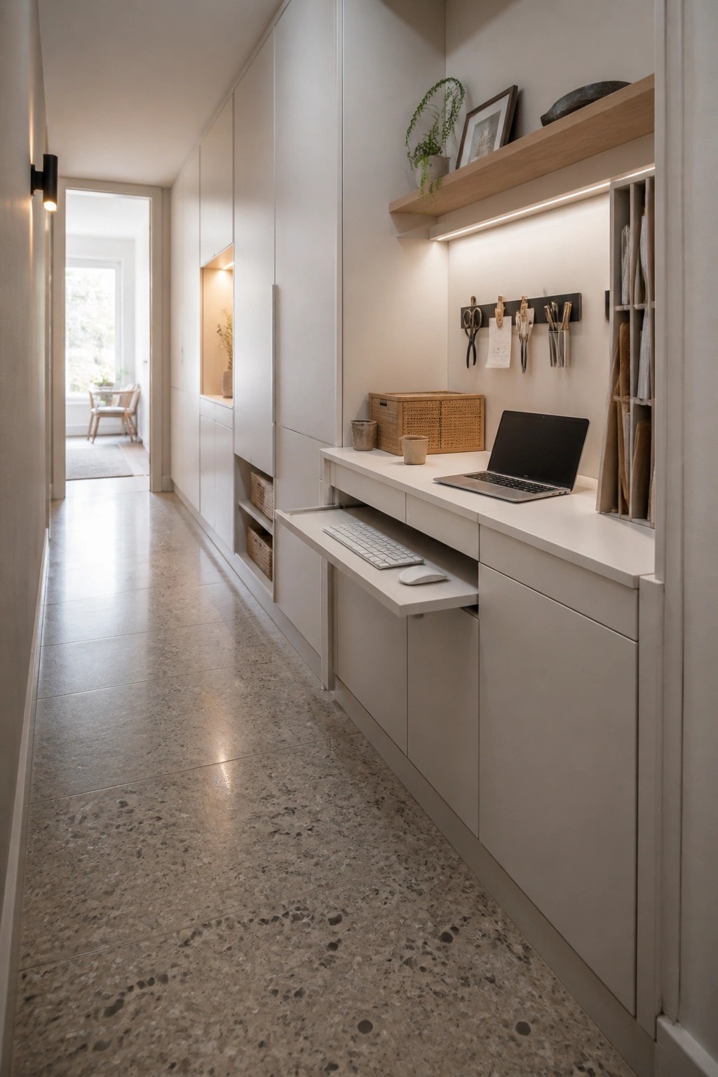 A narrow interior hallway converted into a home office with continuous white built-in cabinets, a desk featuring a pull-out keyboard tray, a laptop, and upper open shelving.