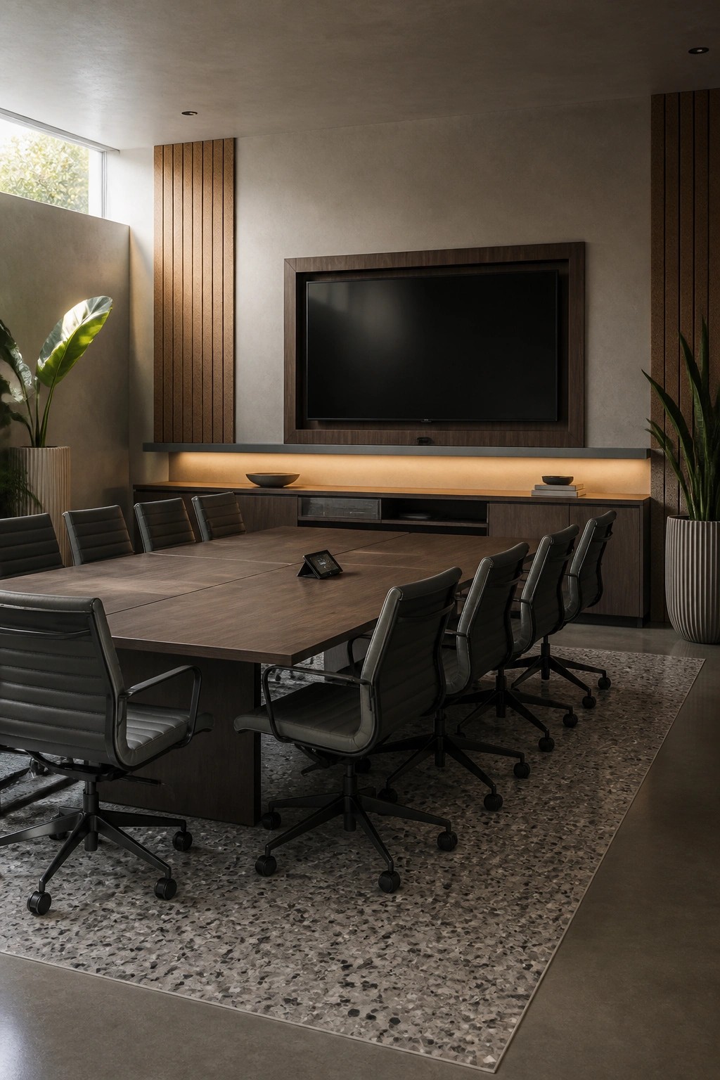 A modern conference room featuring a large wooden table with black leather chairs, a wall-mounted flat screen TV above built-in wooden cabinetry with under-lighting, and potted plants on both sides of the space.