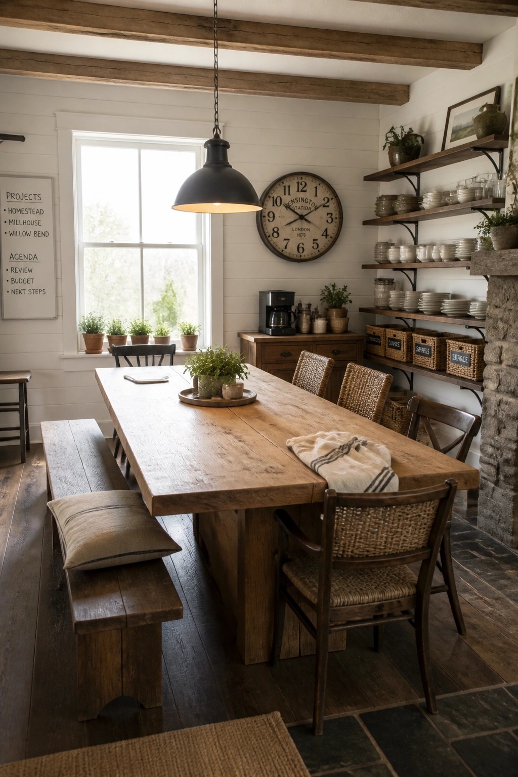 A long wooden table in a bright room with mixed seating of chairs and a bench, open shelving on the wall, and a large window behind it.