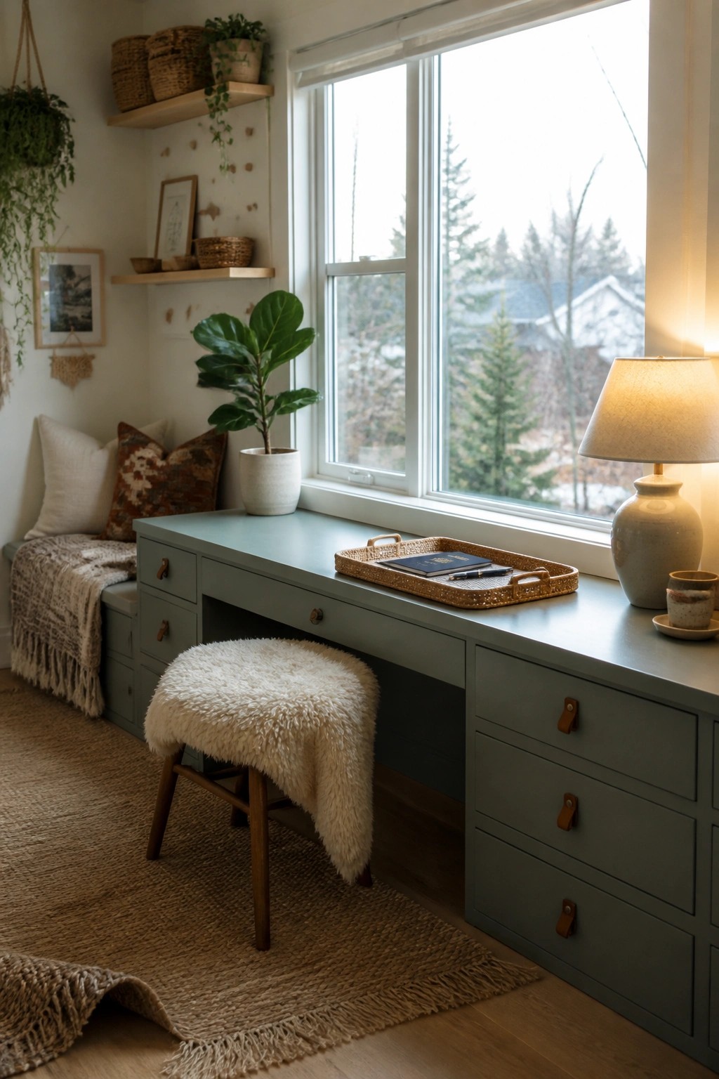 A sage green desk with multiple drawers sits beneath a large window, holding a woven tray and lamp, with a furry stool pulled up in front.