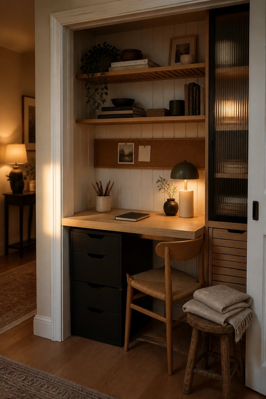 A built-in wooden desk with black drawers inside a white alcove, topped with open shelves holding books and plants, and a wooden chair beside it.