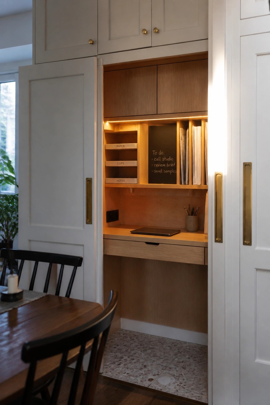 A compact built-in desk and shelving unit inside open white cabinetry, with wood tones, a small chalkboard, and integrated lighting.