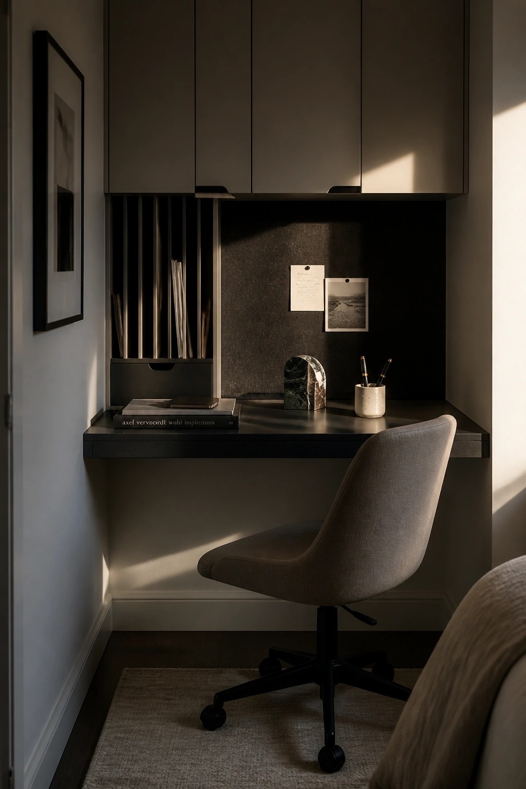A narrow built-in desk with dark overhead cabinets, a gray swivel chair, and a few items on the desktop in a small room.