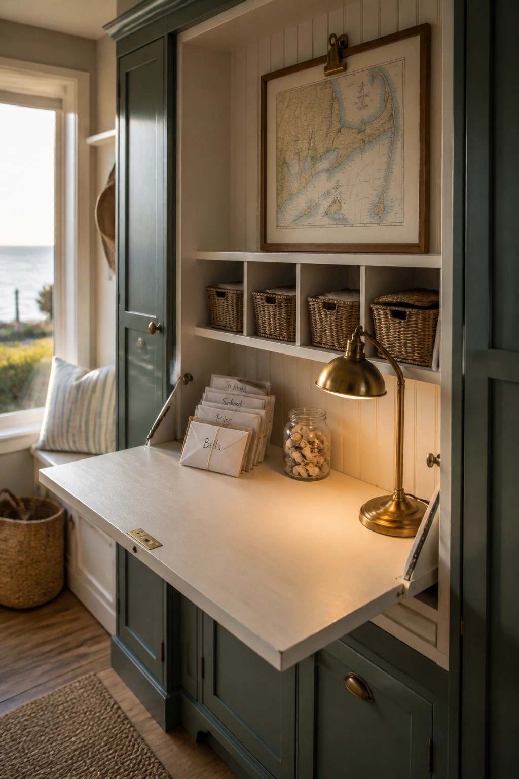 A white fold-down desk extends from a dark green built-in cabinet unit with shelves holding woven baskets, a brass desk lamp, and stacked file folders.